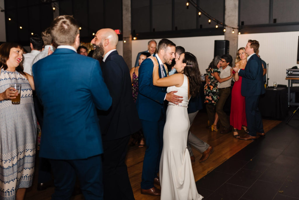 bride and groom dancing on the wedding reception dance floor