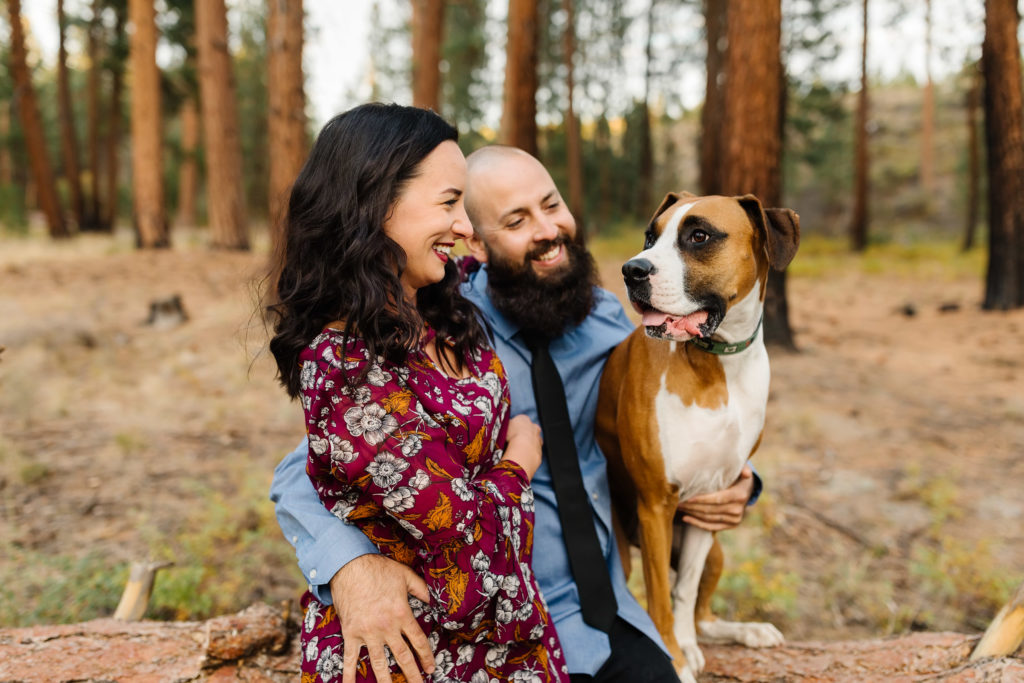 family-photos-in-bend-at-shevlin-park-couple-sitting-on-log-with-boxer