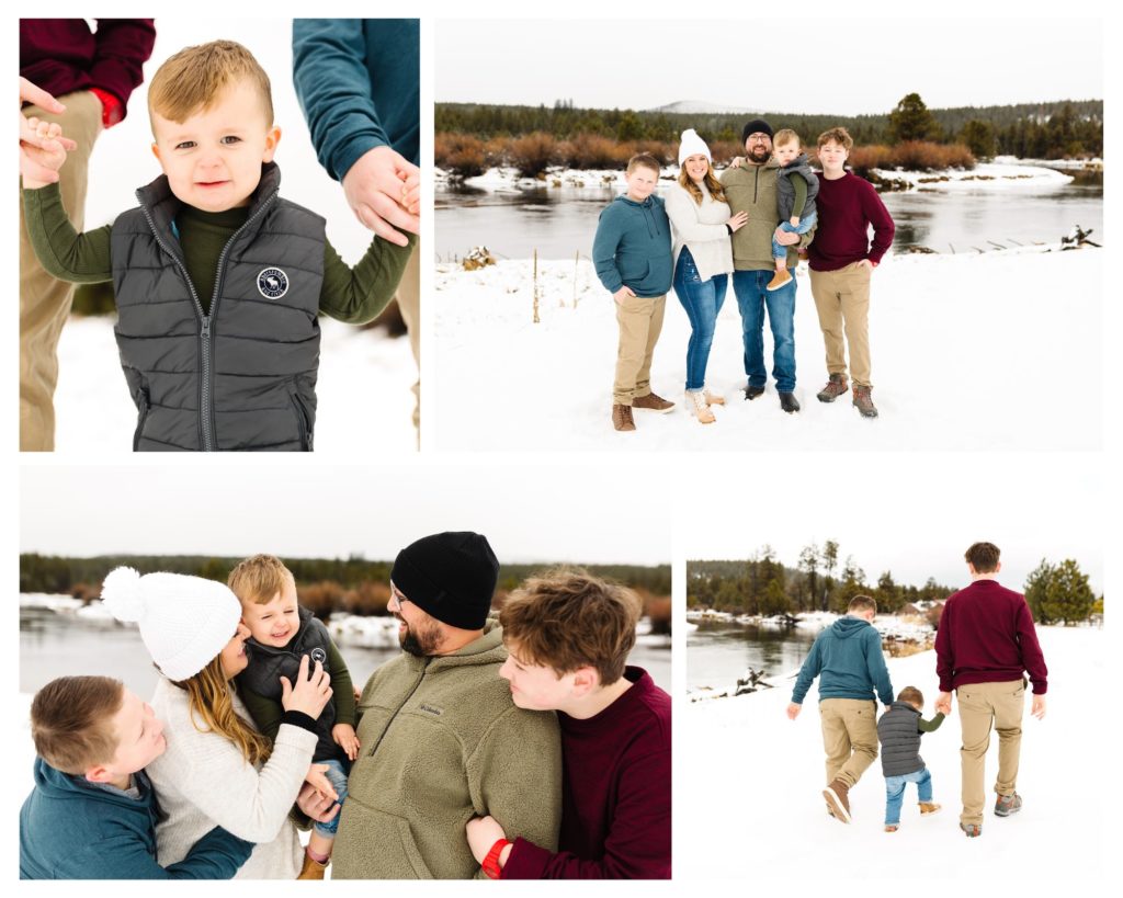 collage of images of family of 5 together standing in the snow next to deschutes river during sunriver photoshoot