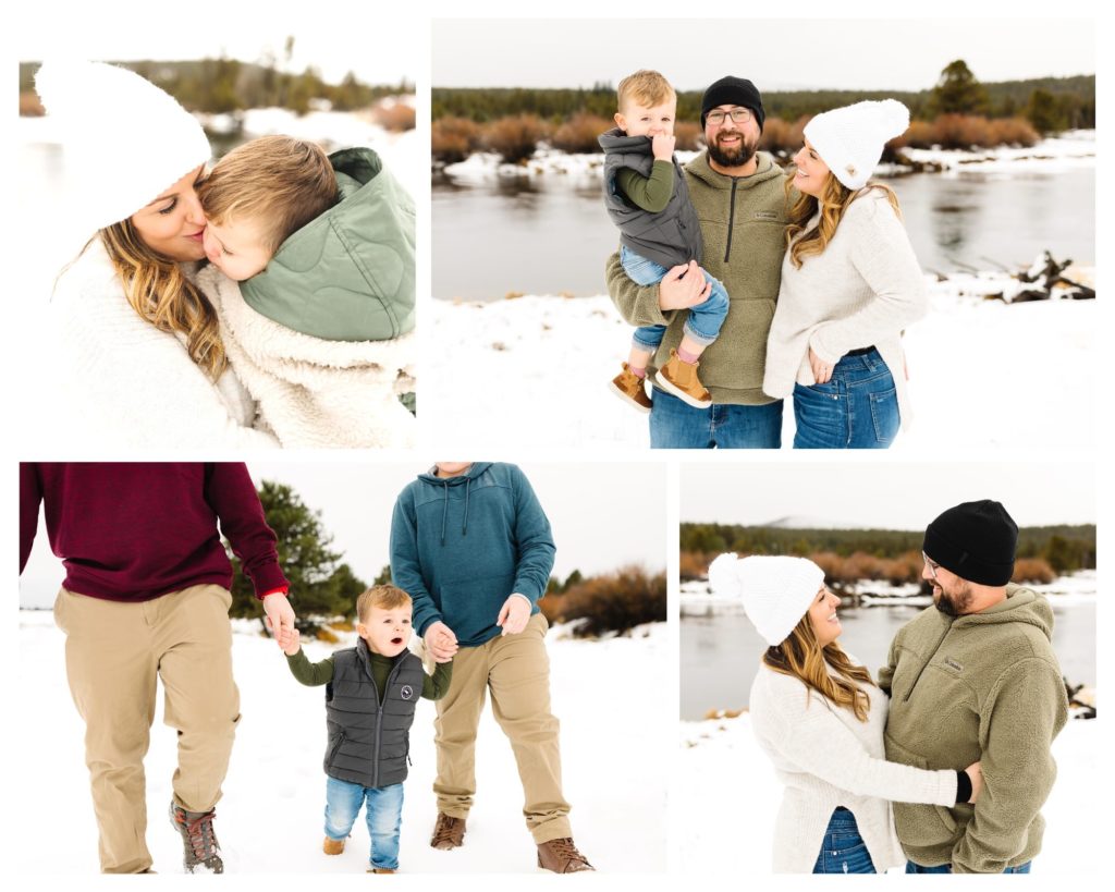collage of images of family of 5 together standing in the snow next to deschutes river during sunriver photoshoot