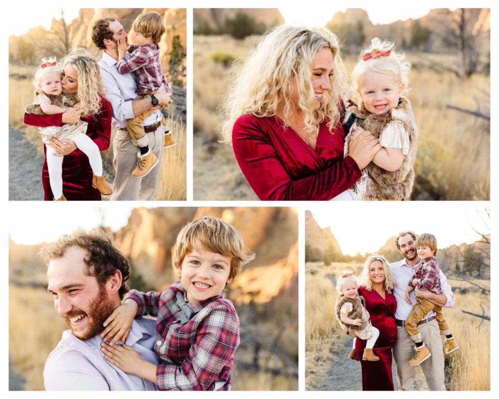 joyful family of four taking photos in late fall at smith rock state park celebrating pregnancy 