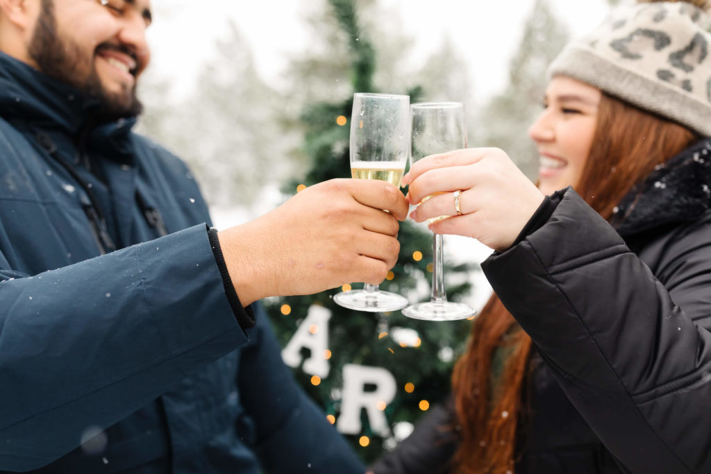 newly engaged man and woman cheers with champagne in snow during  surprise winter proposal