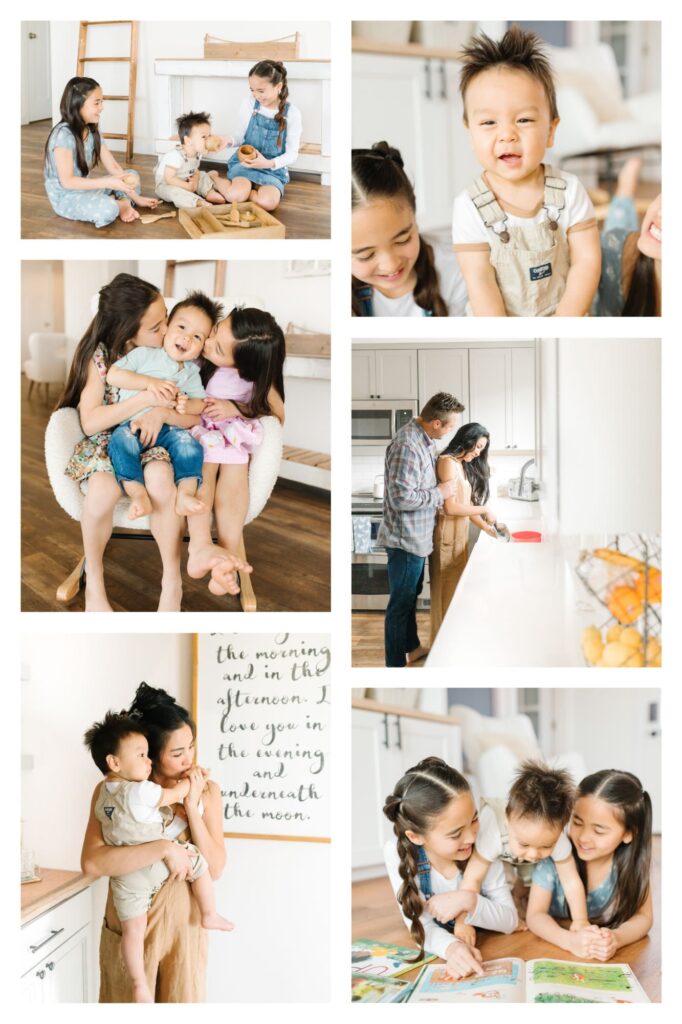 in home family lifestyle photo session with neutral colored outfits and playful prompts for children