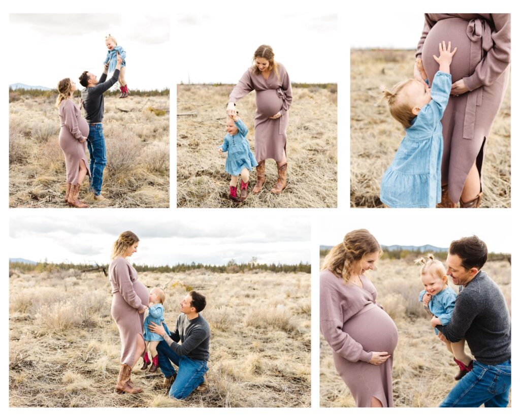 mother in mauve fitted maternity dress and little blonde daughter with space buns playing with father in Bend, Or open field during family session 