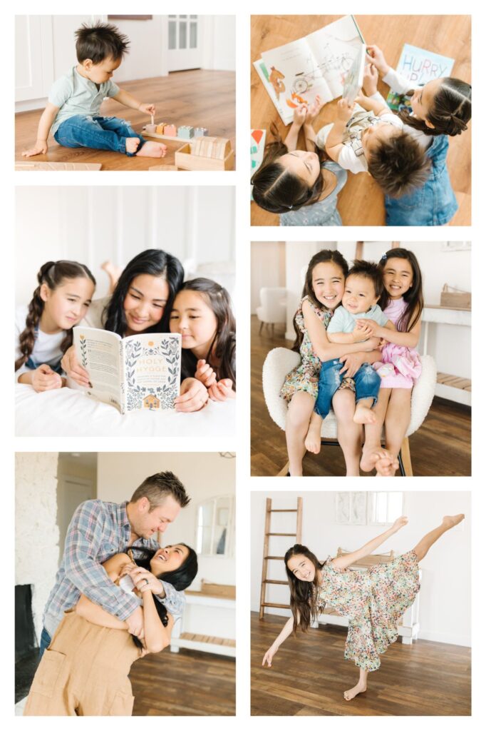 in home family lifestyle photo session with neutral colored outfits and playful prompts for children in Bend