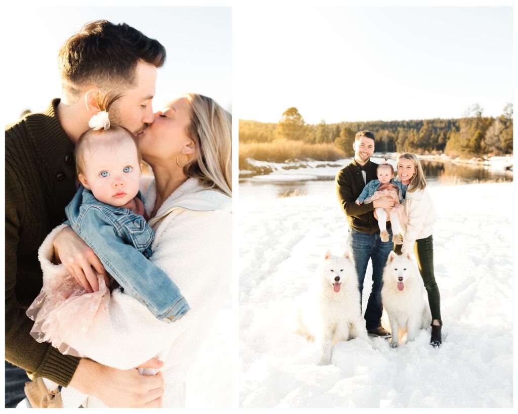man and women holding little blonde girl in jean jacket while in joyful and snowy Sunriver Oregon family photo session