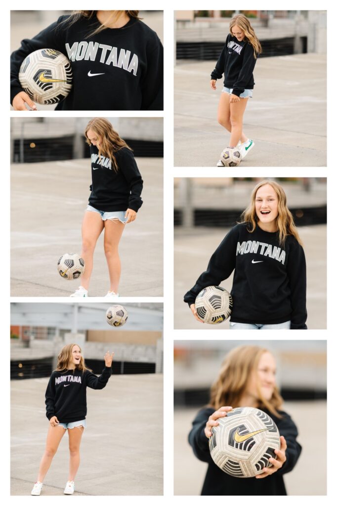 young blonde senior in high school wearing black Montana State University sweatshirt and dribbling and juggling soccer ball during unique senior session