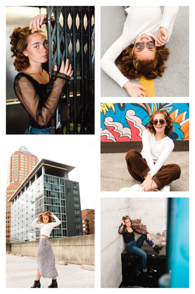 high school girl with short curly red hair posing in downtown urban setting themed senior photoshoot