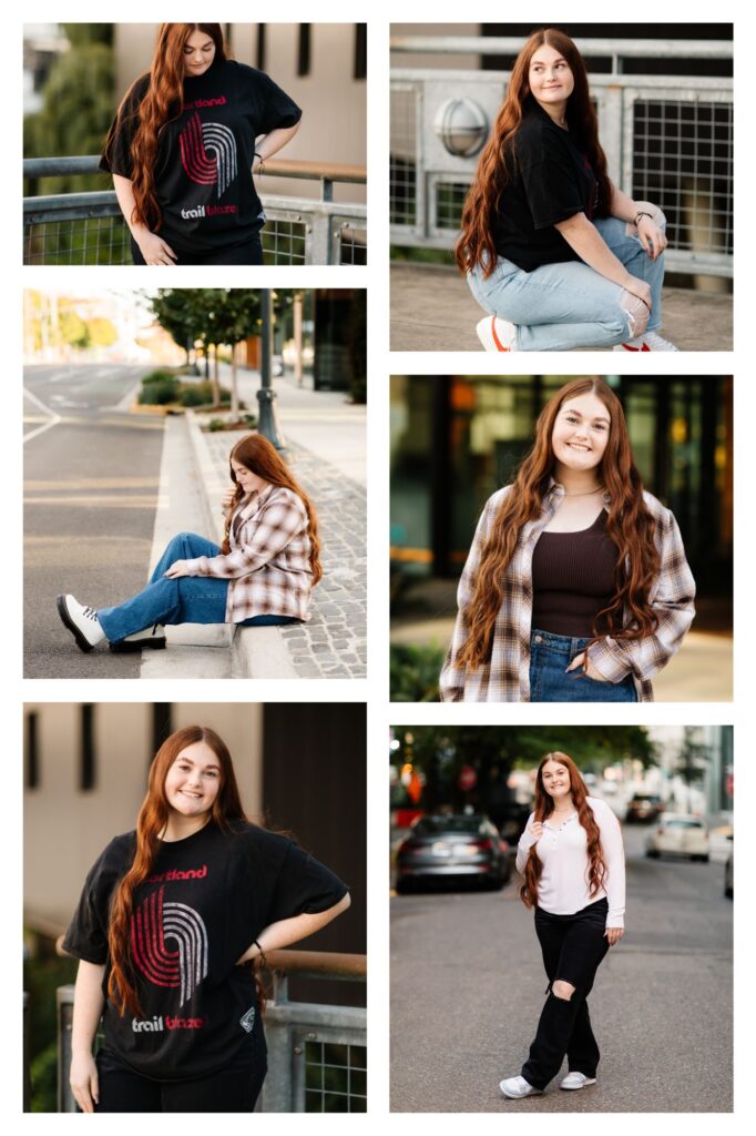 girl with long red hair posing downtown Portland Oregon for senior photoshoot