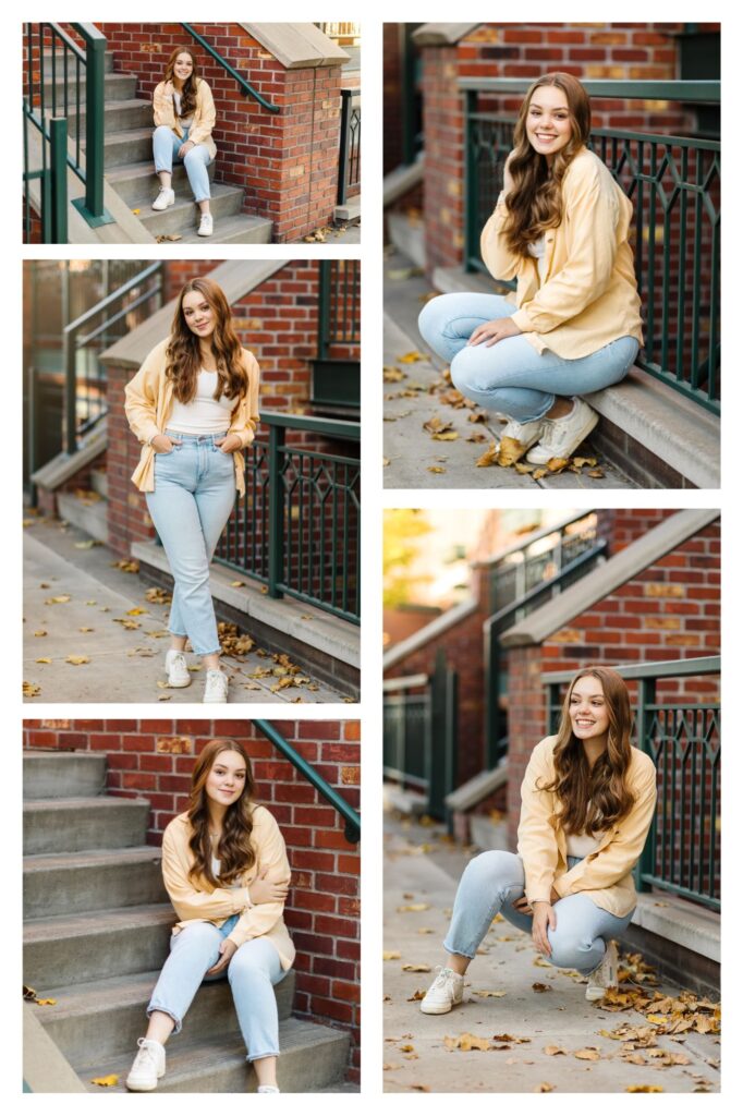 brunette girl wearing pale yellow shacket posing in front of downtown bend brick building with green fencing during senior photoshoot 