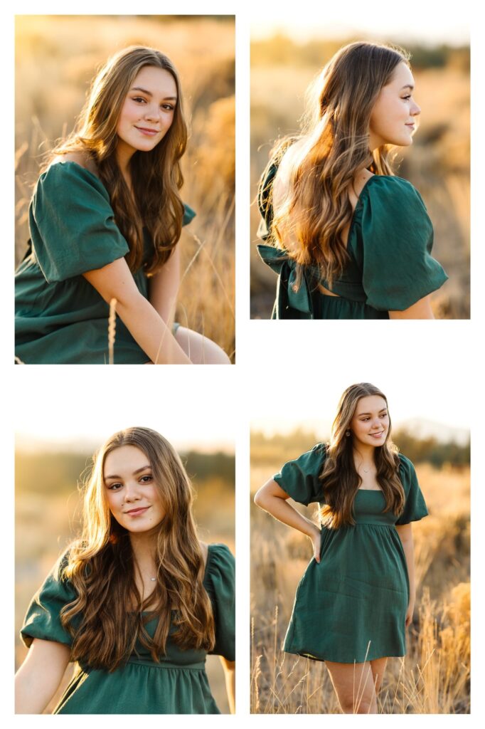 senior in high school wearing emerald green dress standing in wide open field with golden tones at golden hour during senior session