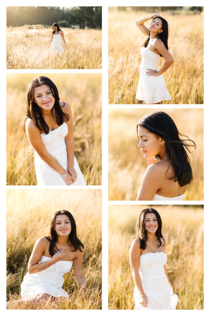young dark haired high school senior wearing white strapless dress posing in open golden hay field for senior photos in Bend Oregon