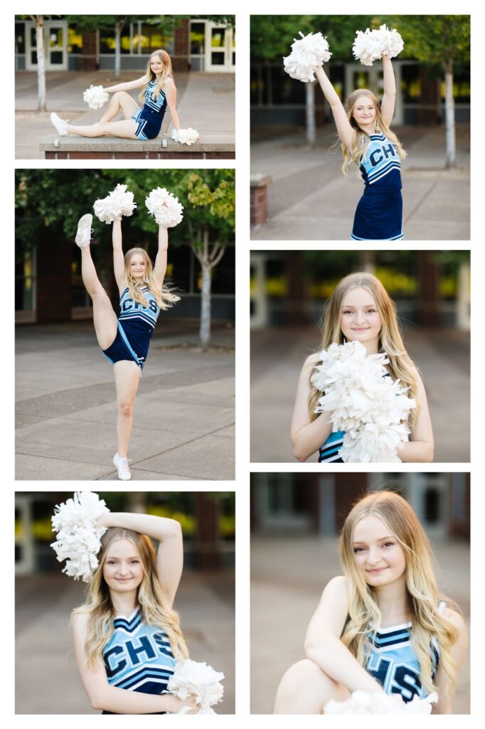 blonde girl in blue and white corvallis high school cheer uniform standing outside CHS with white pom poms during senior session