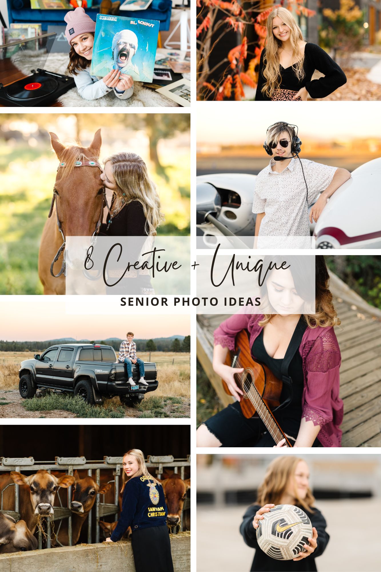 collage of8 images showing creative and unique senior photo ideas from bend senior photo sessions