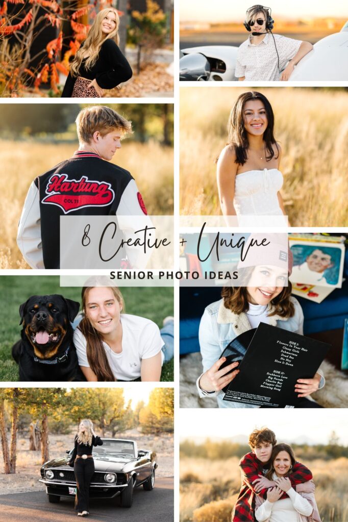 collage of 8 images showing creative and unique senior photo session ideas from bend senior photo shoot