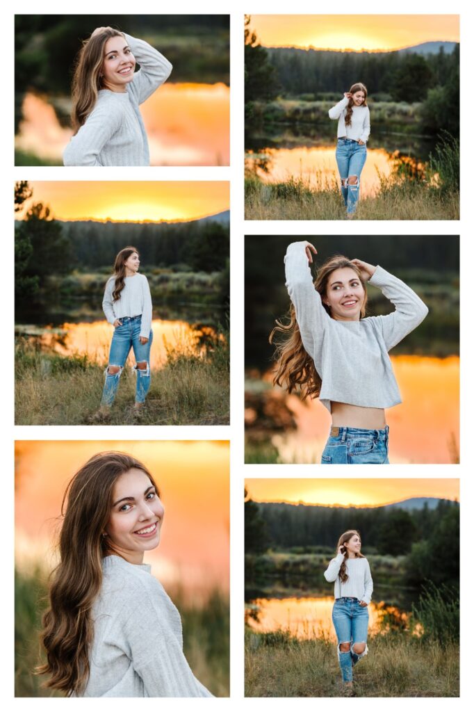 young brunette female casually dressed in gray sweater and blue jeans with sunset reflecting off Deschutes river in Bend Oregon behind her