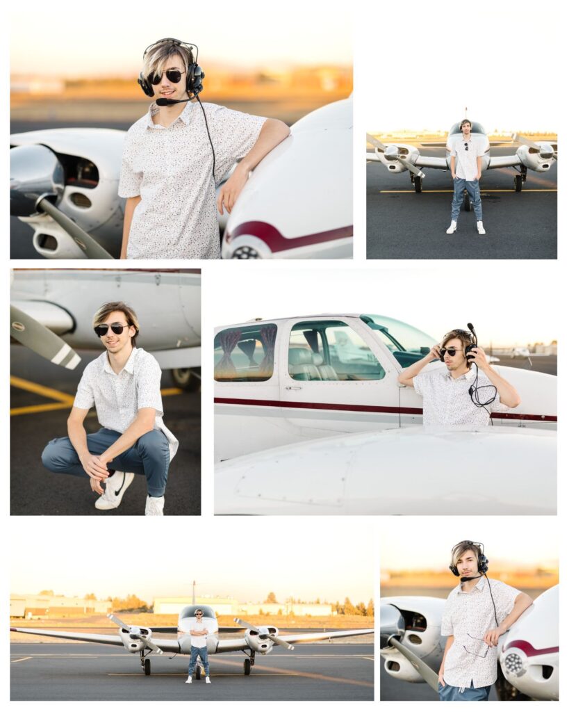 young high school senior boy wearing aviators and flight gear standing around small aircraft during unique aerial themed senior photo session