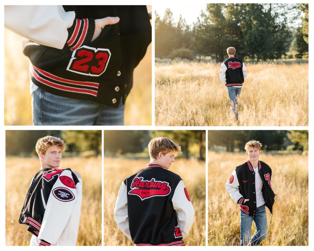young teen boy with red hair and wearing black and red lettermen jacket walking through open field during golden hour