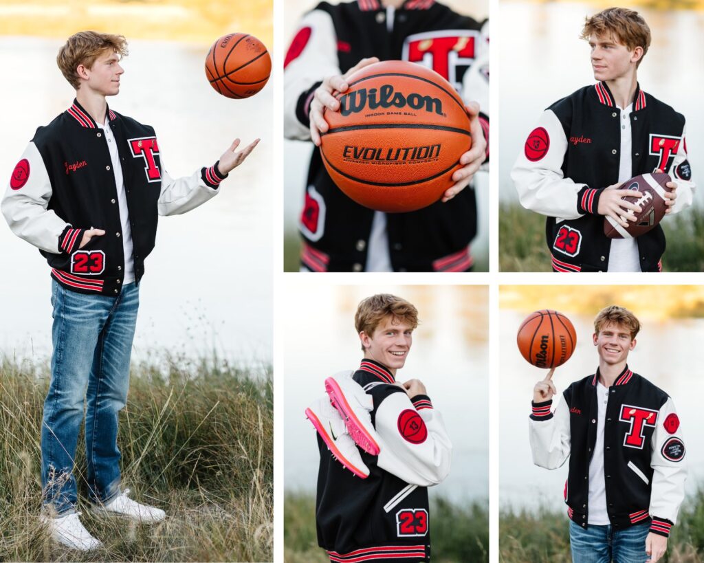 young teen boy with red hair and wearing black and red lettermen jacket playing basketball, football and track during his senior photo session