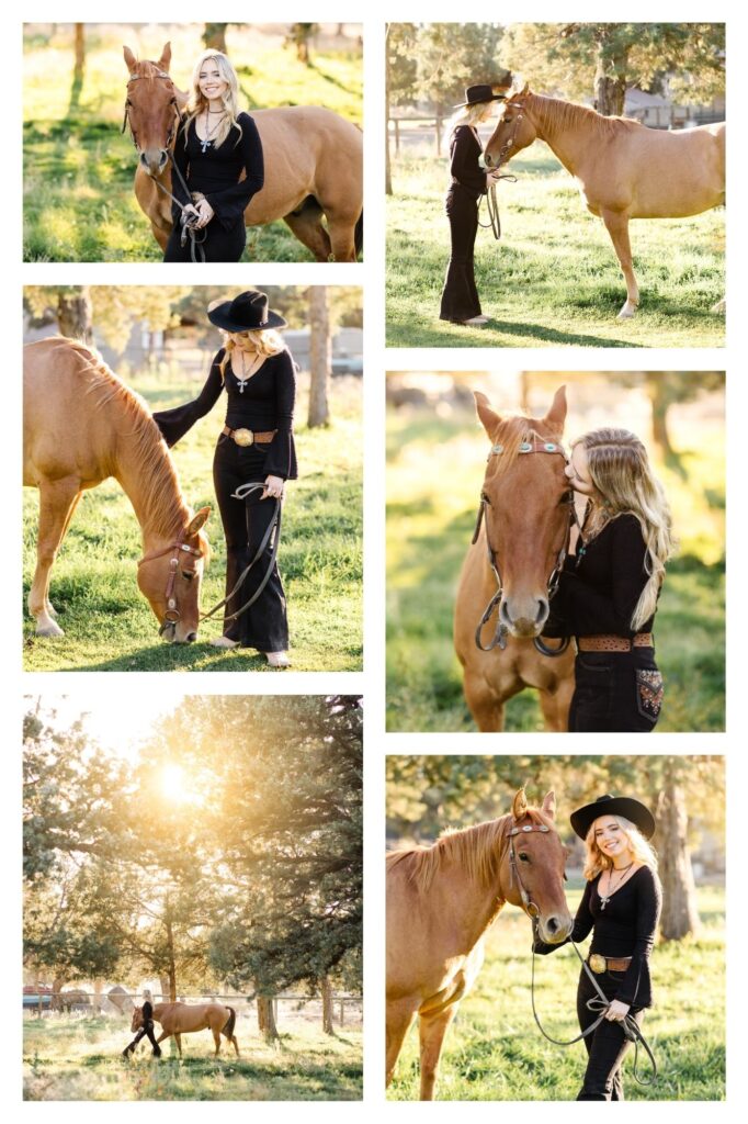 blonde girl dressed in all black western outfit standing with brown horse in sunlight in green field