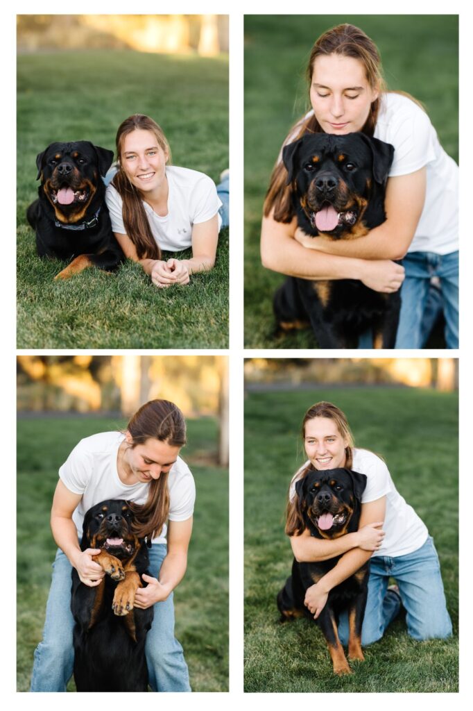 collage of photos of teenage girl with black doberman dog in green front yard during senior photo session in bend oregon 