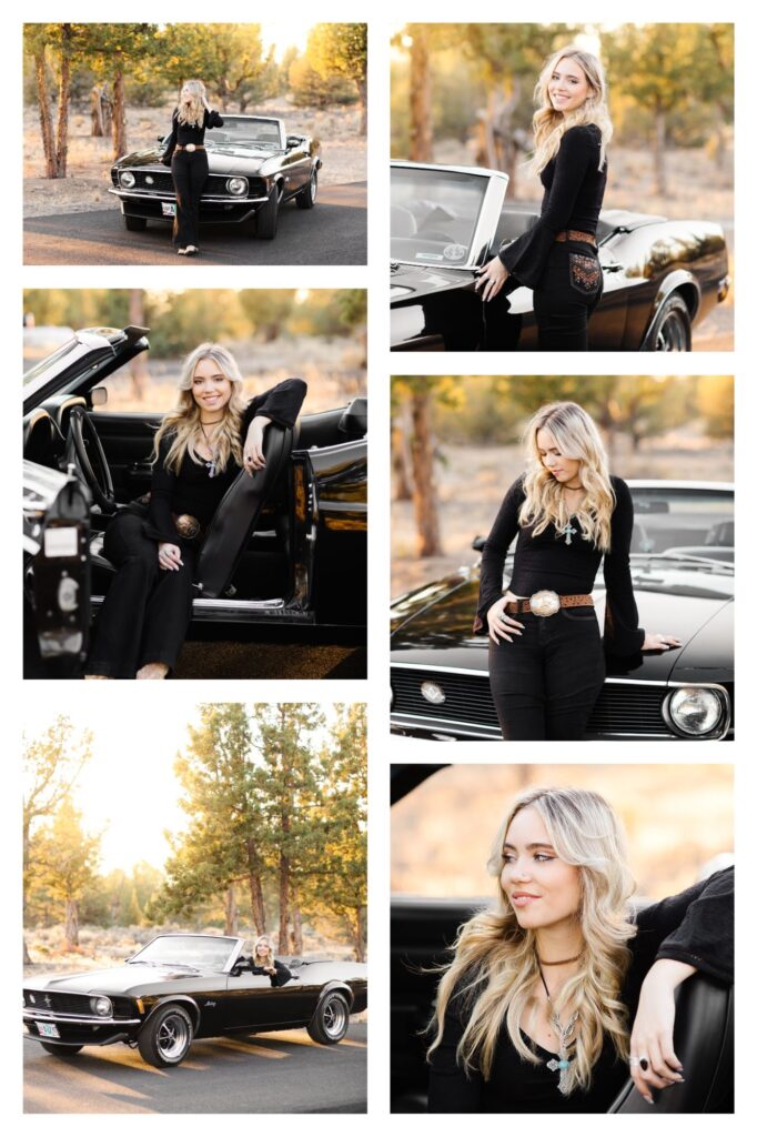 blonde high school senior standing in front of vintage black classic car during golden hour in Bend Oregon High School senior photo session