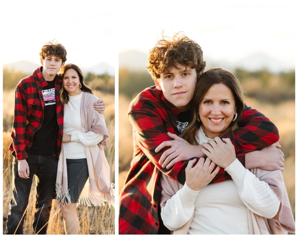 curly haired boy wearing a red flannel hugging his mom during senior photoshoot in wide open field in Bend, Oregon