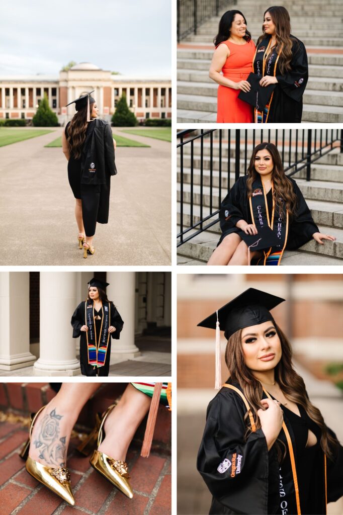 hispanic woman wearing black and orange Oregon state university graduation cap and gown posing near MU building for pictures