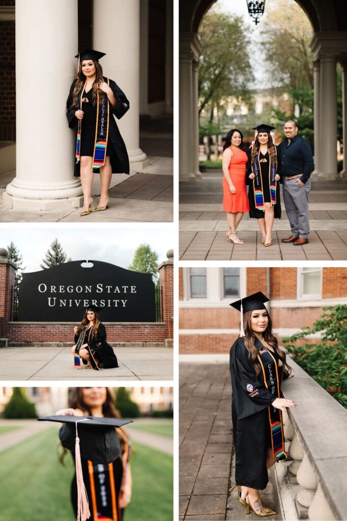 hispanic woman wearing black and orange Oregon state university graduation cap and gown posing near MU building for pictures
