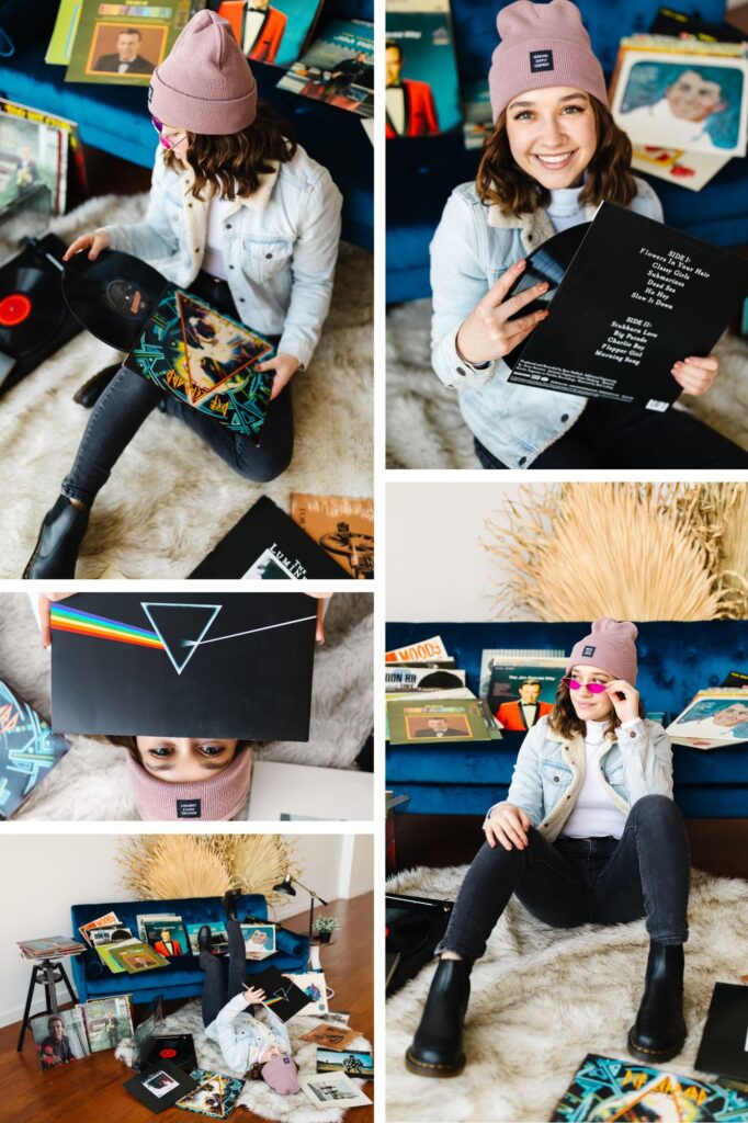 collage of girl in pink beanie and jean jacket with vintage vinyl records around during senior photoshoot