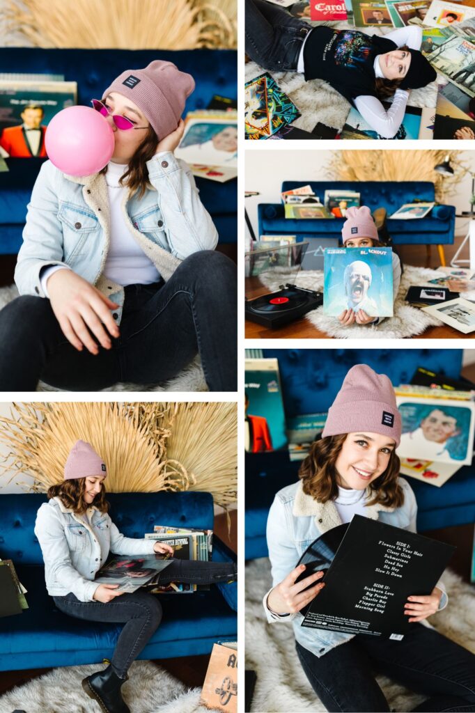 collage of girl in pink beanie and jean jacket with vintage vinyl records around during senior photoshoot