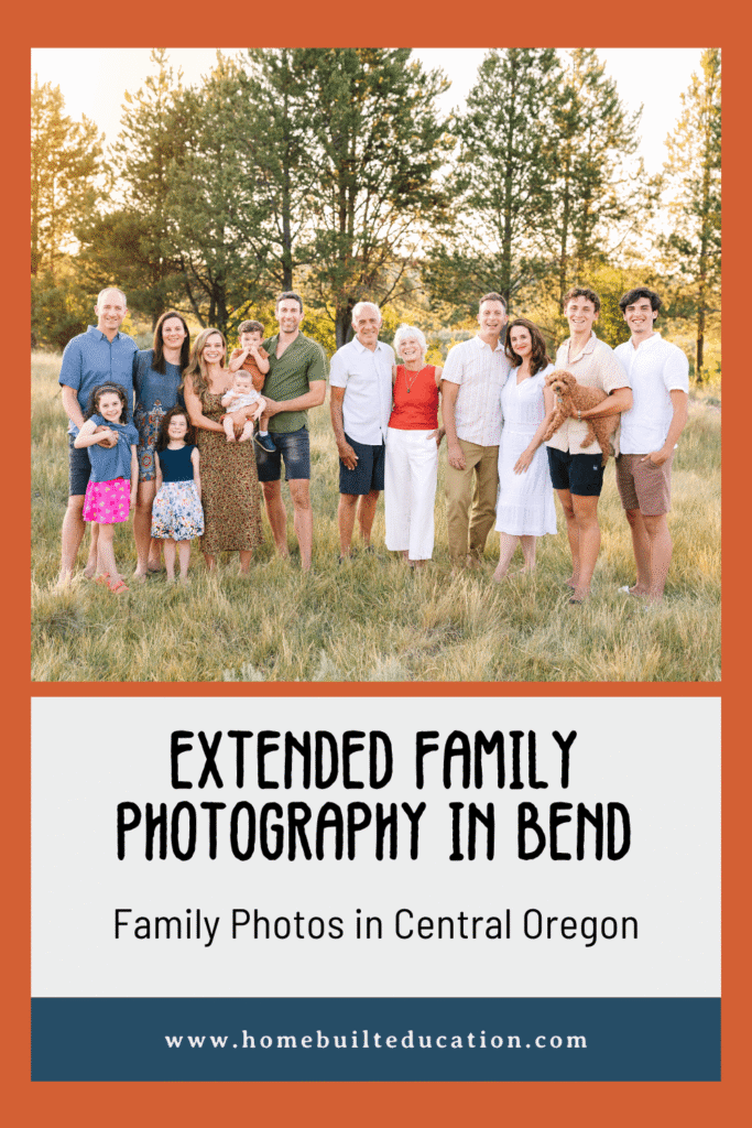 Extended family photography Bend session with multiple generations gathered together outdoors in Central Oregon.